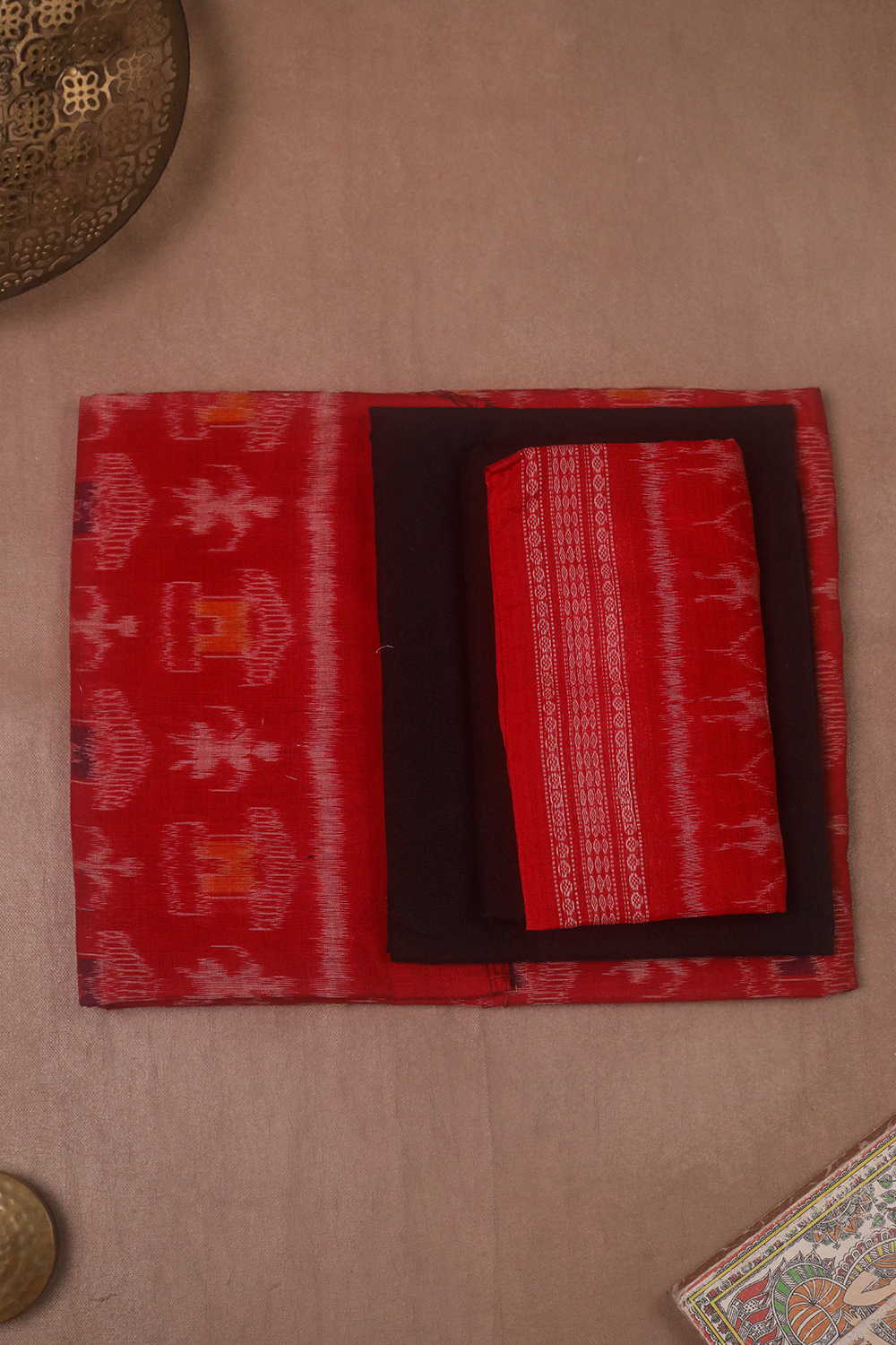 Motifs on Bright Red Orissa Ikat Cotton Suit - Image 2