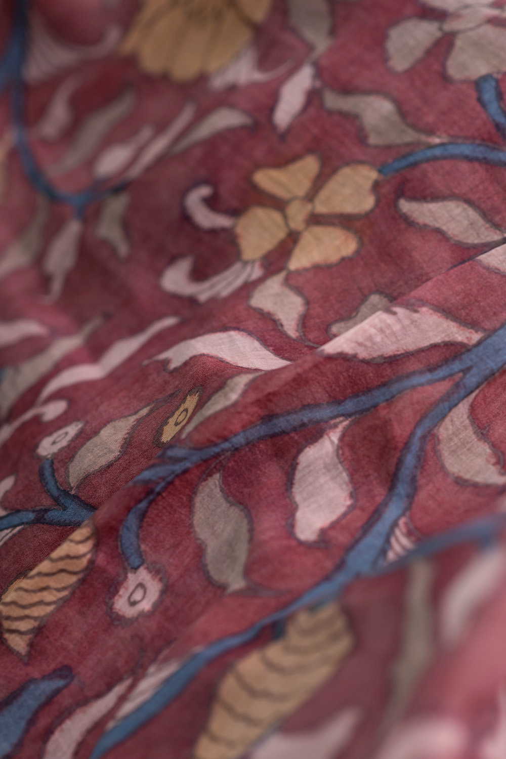 Florals on Dusty Maroon Painted kalamkari Mul Chanderi Silk Cotton Fabric - Image 3