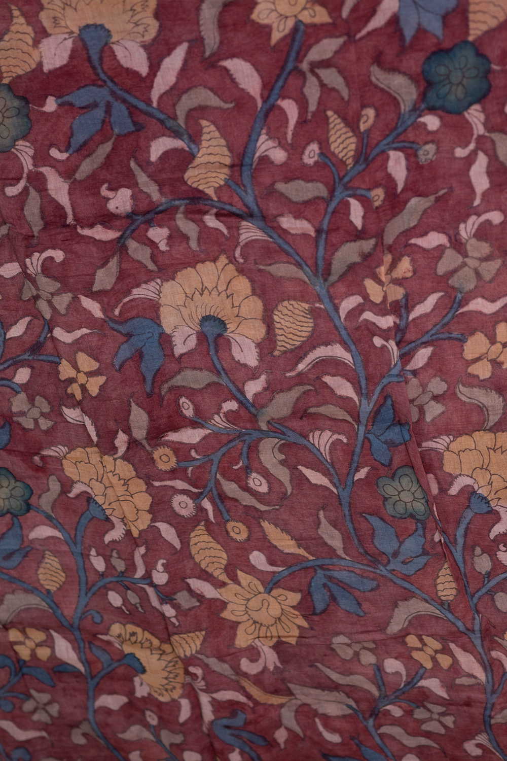 Florals on Dusty Maroon Painted kalamkari Mul Chanderi Silk Cotton Fabric - Image 4