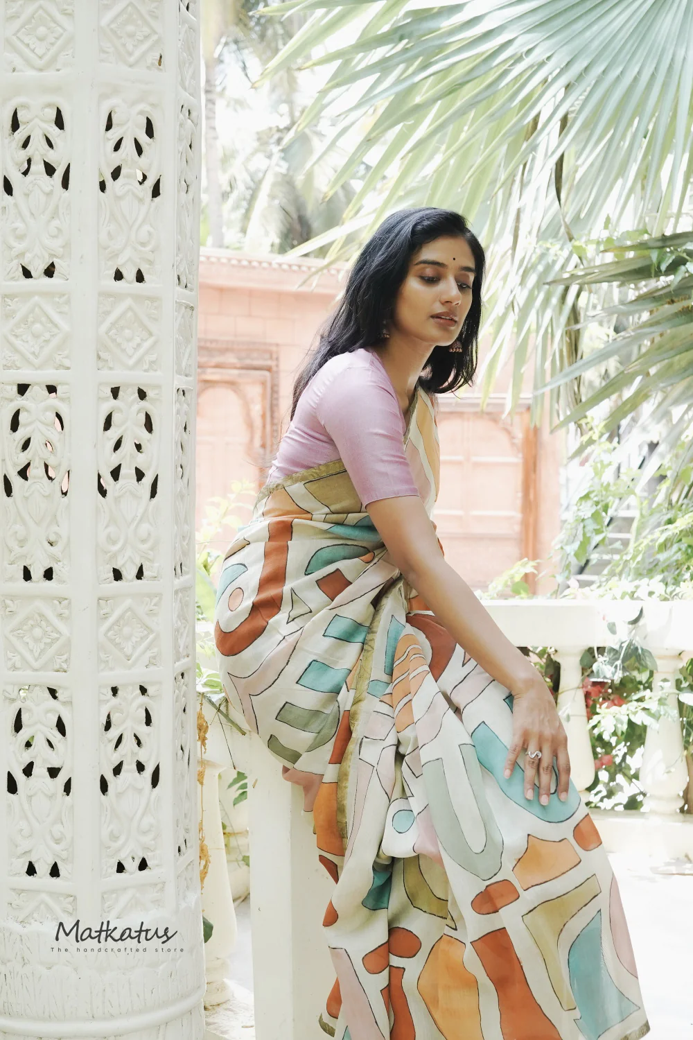 Cream Block Painted kalamkari Silk Cotton saree - Image 5