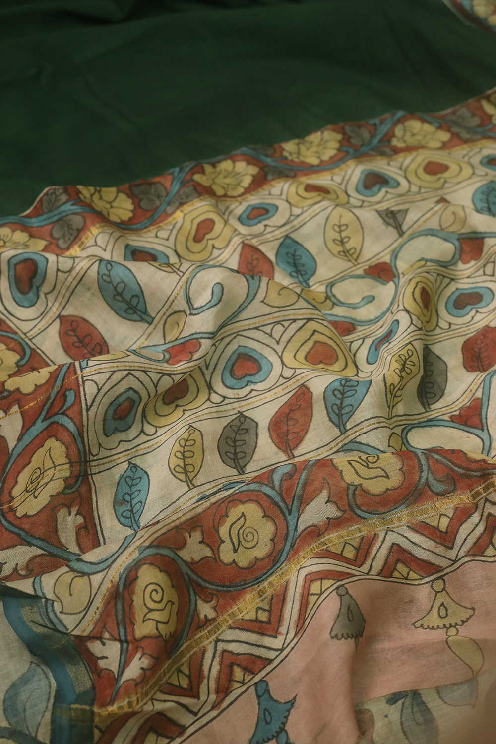 Muted Green Painted kalamkari Silk Cotton saree - Image 3