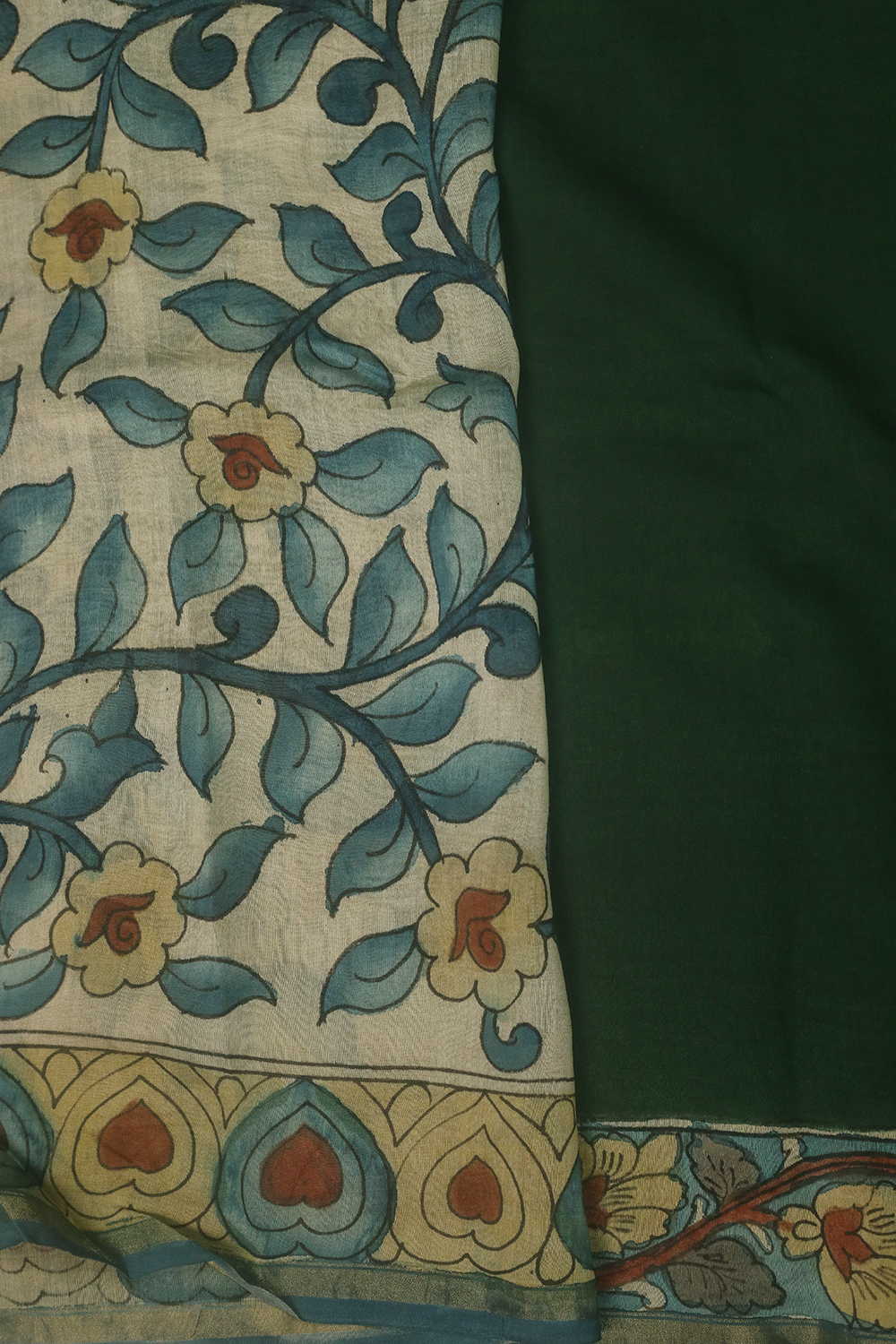Muted Green Painted kalamkari Silk Cotton saree - Image 4