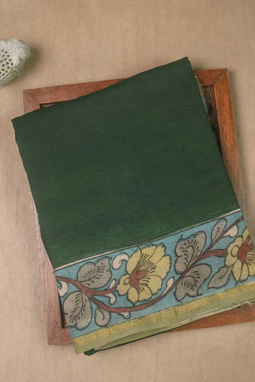 Green with Floral Border Painted kalamkari Silk Cotton saree