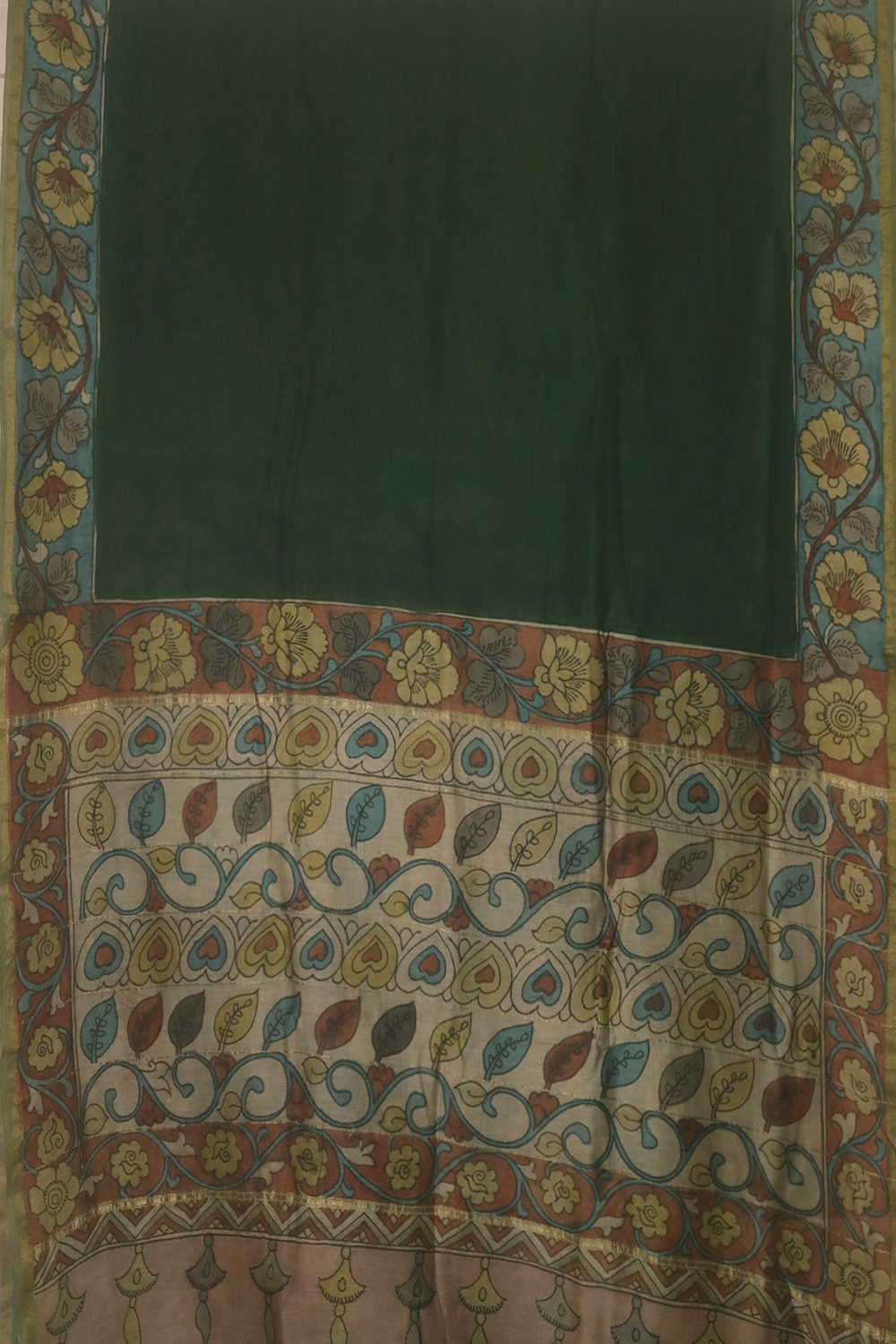 Green with Floral Border Painted kalamkari Silk Cotton saree - Image 2