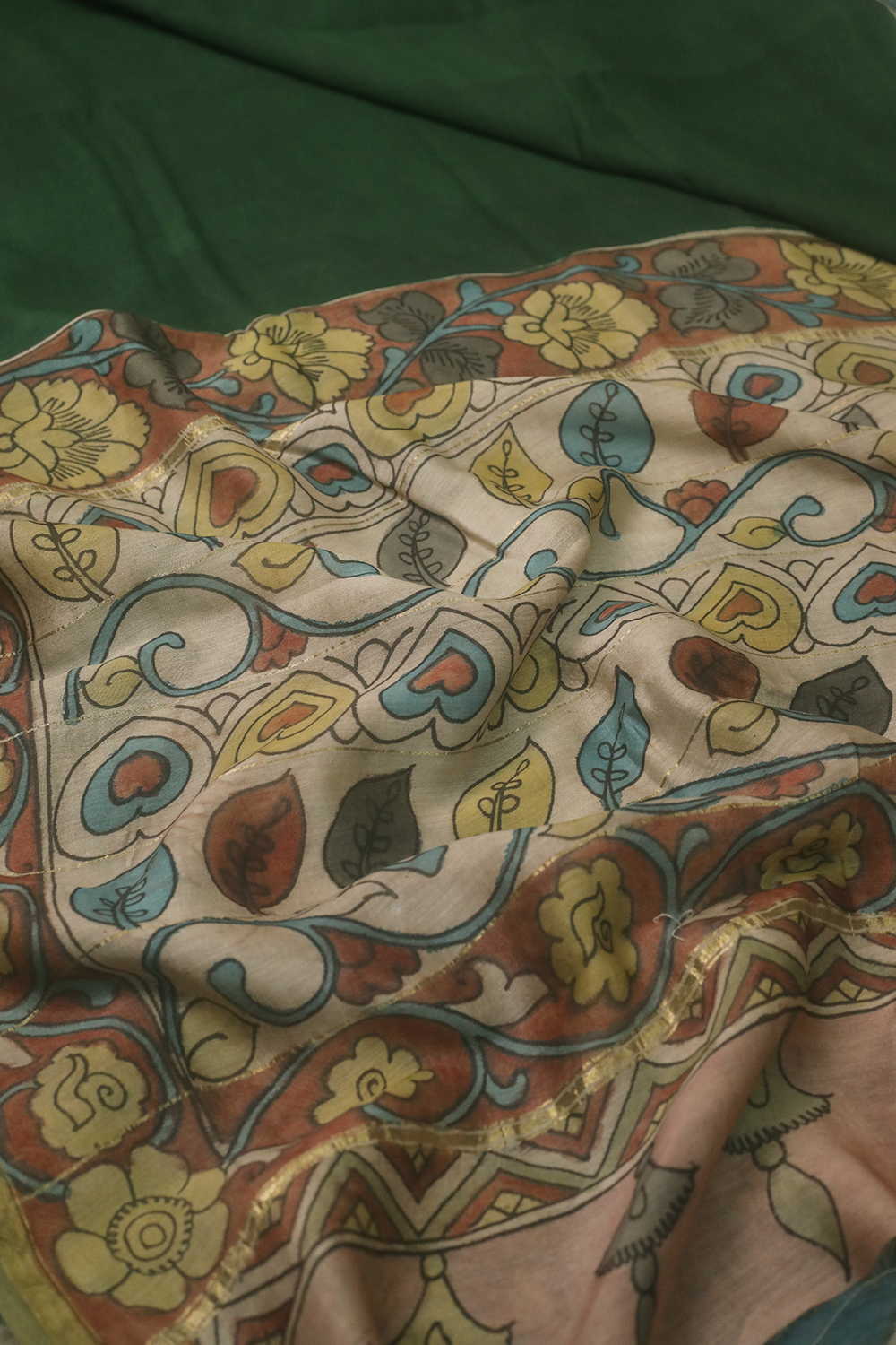 Green with Floral Border Painted kalamkari Silk Cotton saree - Image 3