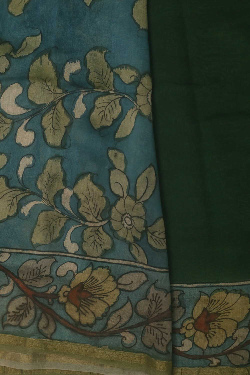 Green with Floral Border Painted kalamkari Silk Cotton saree - Image 4