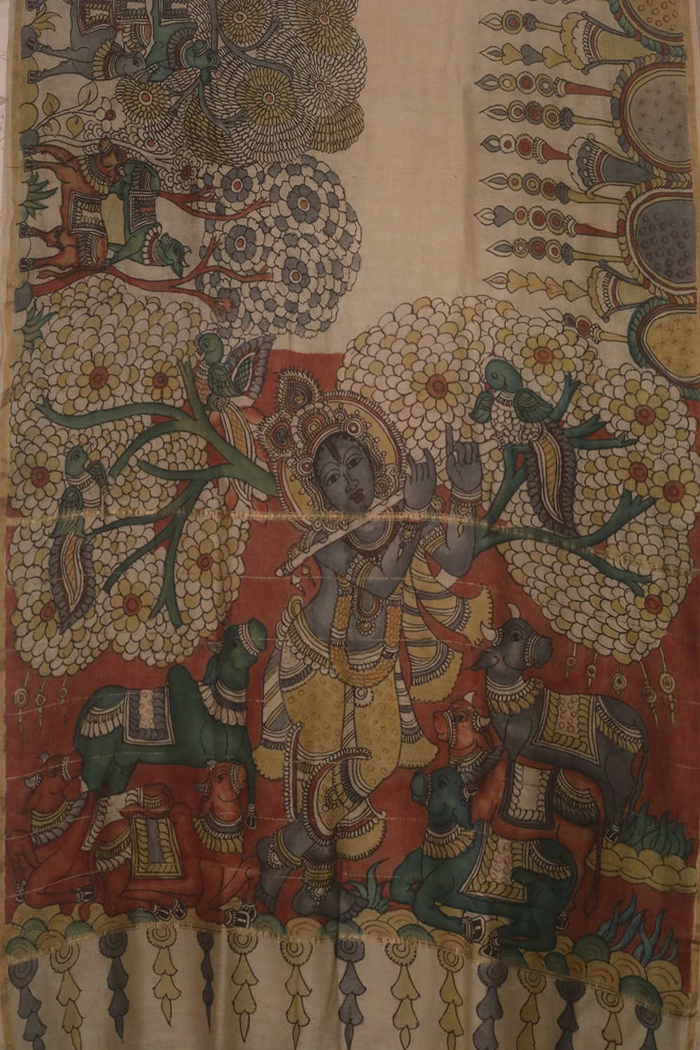 Krishna Tree Panel Painted kalamkari Silk Cotton saree - Image 2