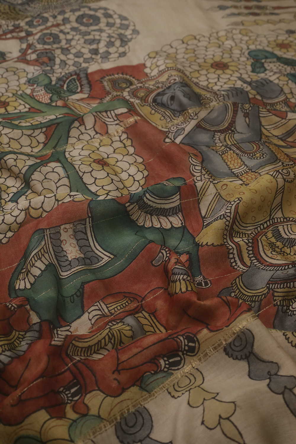 Krishna Tree Panel Painted kalamkari Silk Cotton saree - Image 3