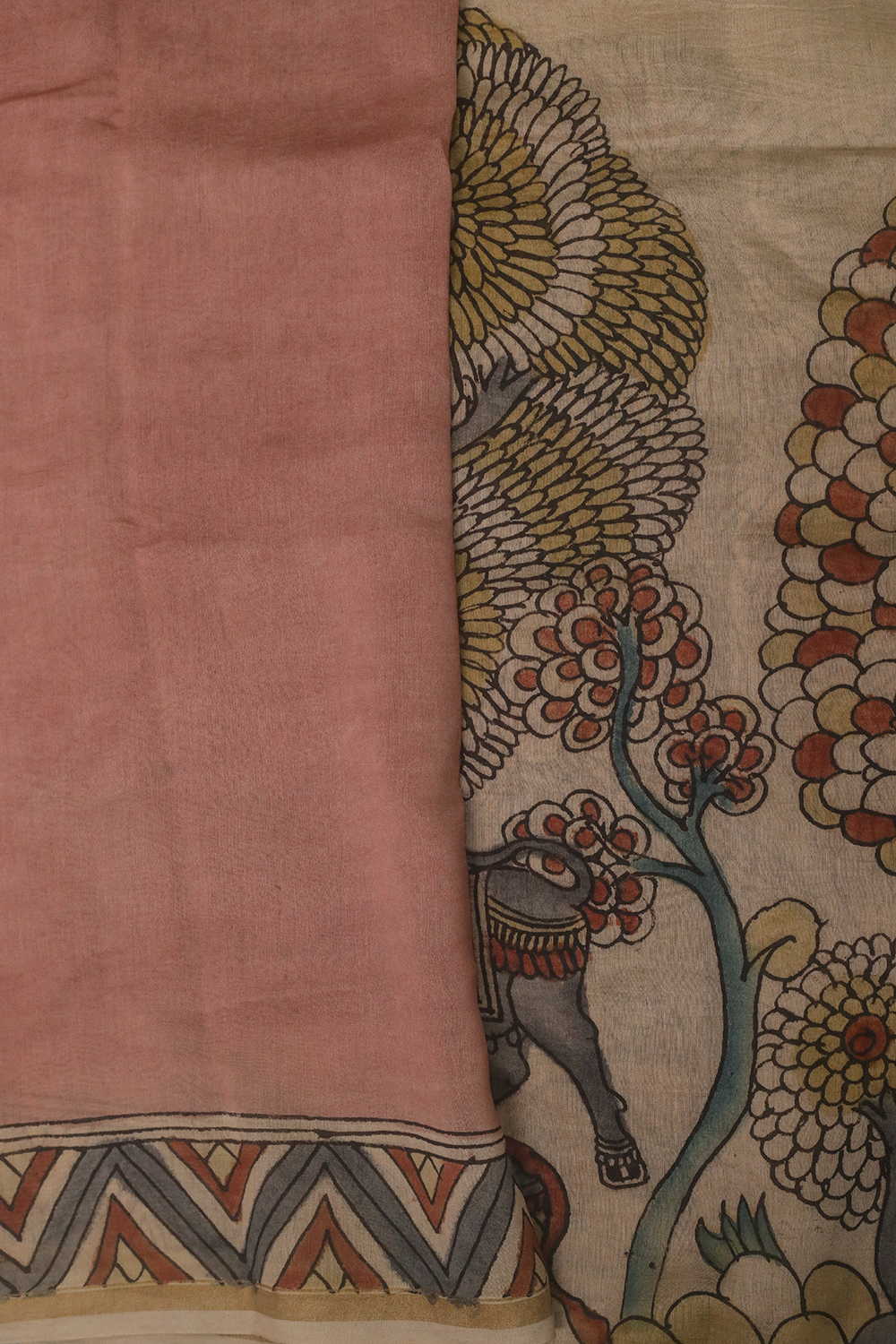 Krishna Tree Panel Painted kalamkari Silk Cotton saree - Image 4