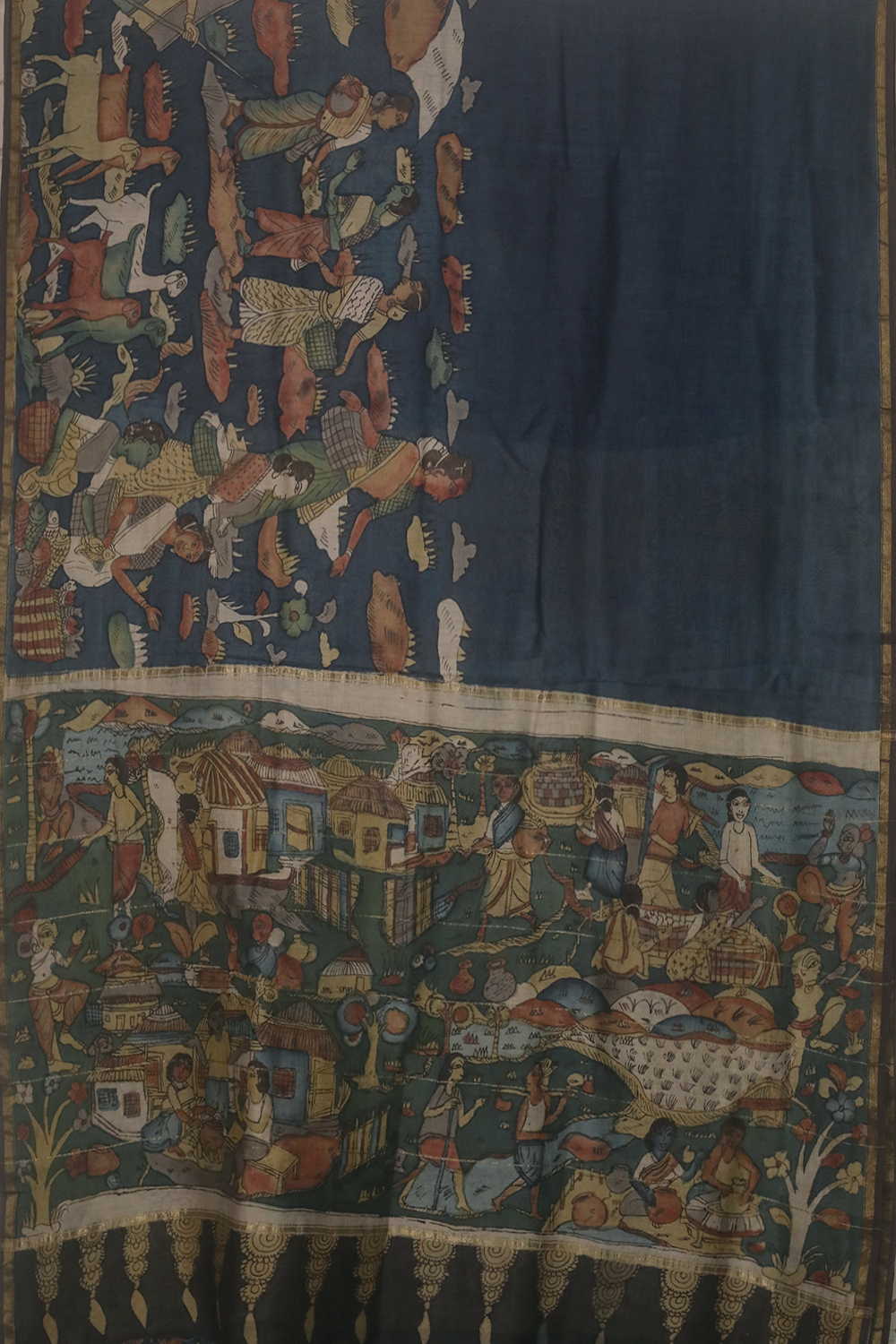Village Story Panel Painted kalamkari Silk Cotton saree - Image 2