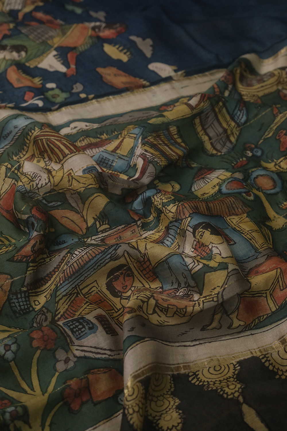 Village Story Panel Painted kalamkari Silk Cotton saree - Image 3