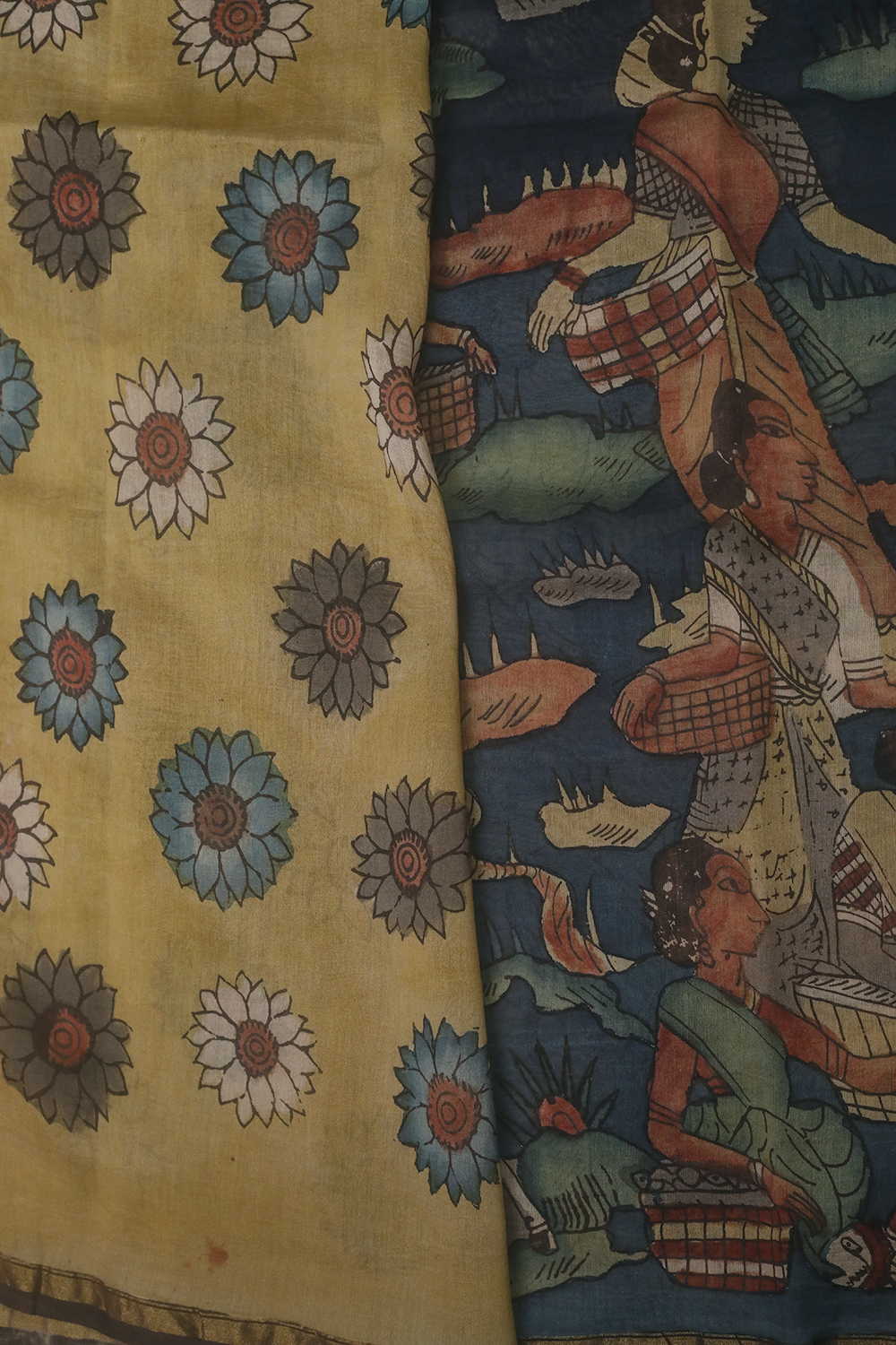 Village Story Panel Painted kalamkari Silk Cotton saree - Image 4