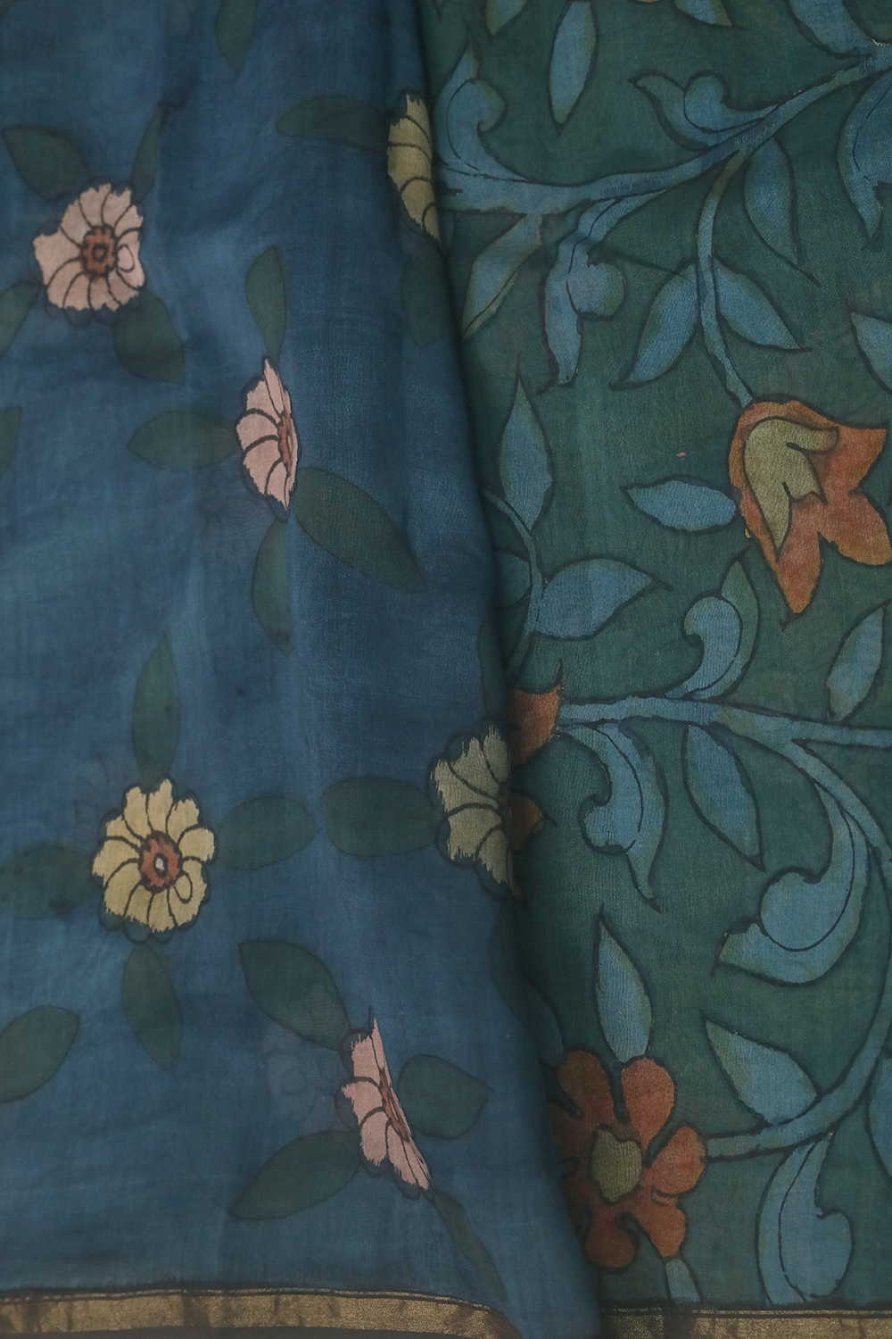 Twin Peacock on Pallu Painted kalamkari Silk Cotton saree - Image 4