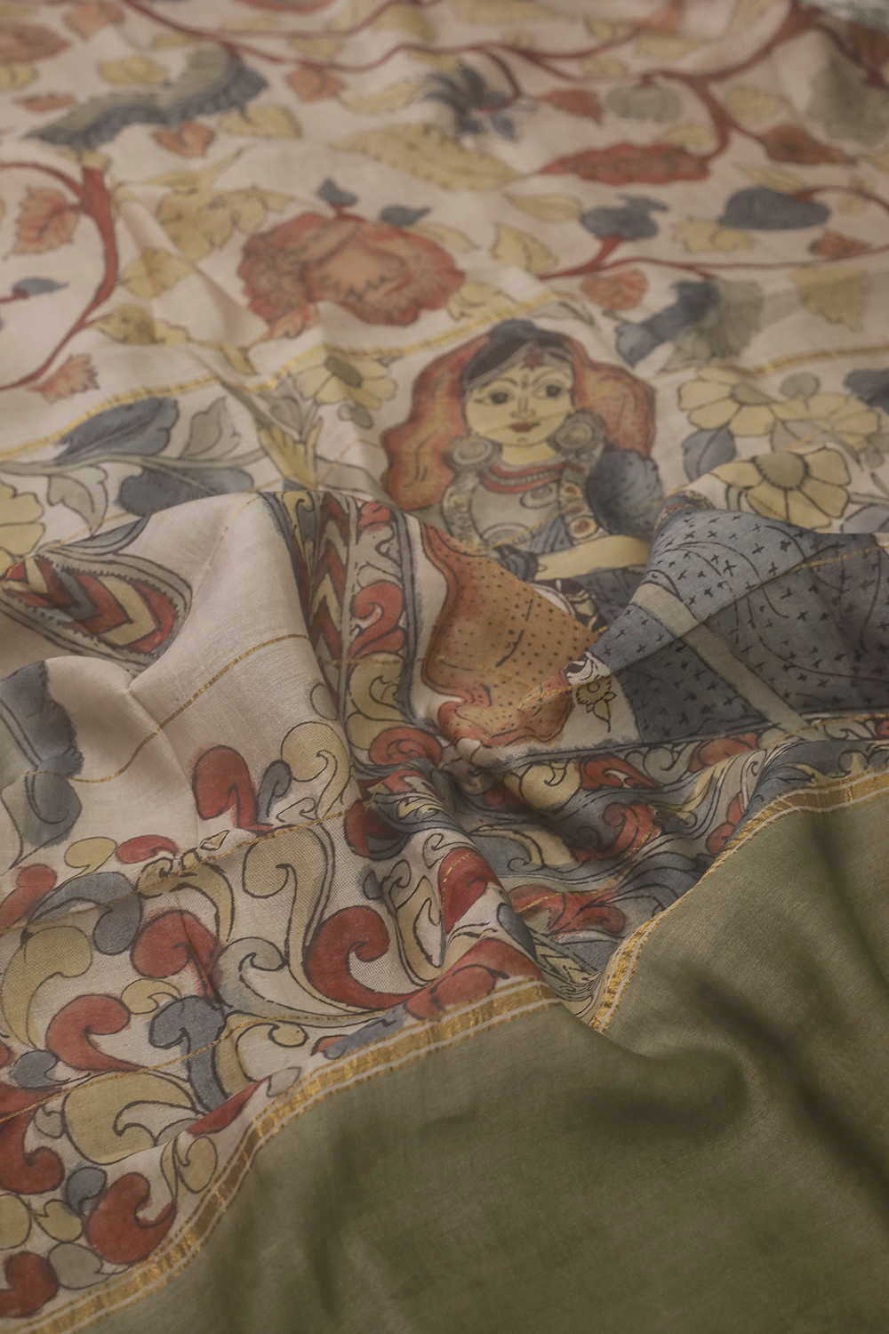 Ethnic Narrative Floral Painted kalamkari Silk Cotton saree - Image 3