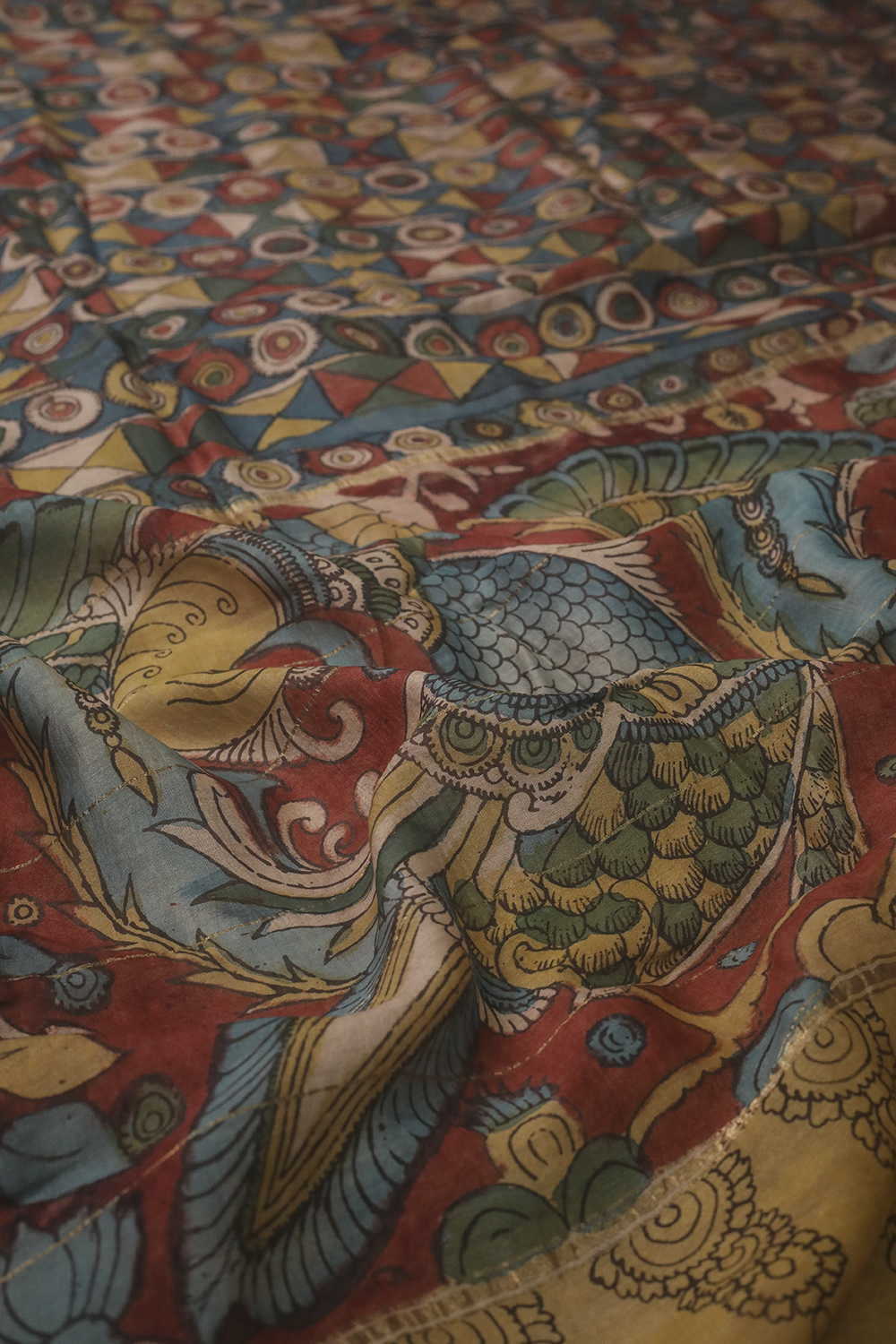 Geometric Pattern Painted kalamkari Silk Cotton saree - Image 3