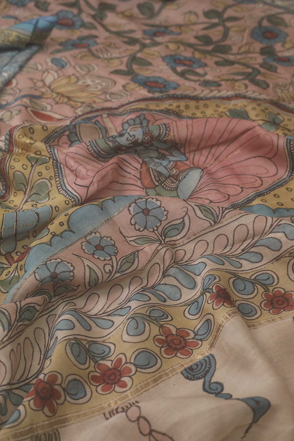 Vintage Floral Painted kalamkari Silk Cotton saree - Image 3