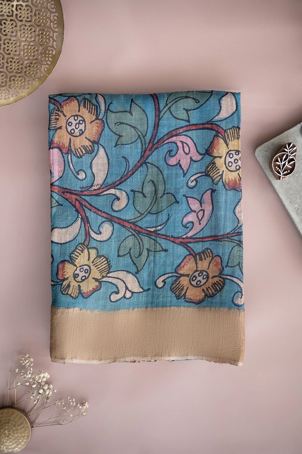 Floral & Leaves on Blue Kalamkari Gicha Tussar Silk Saree