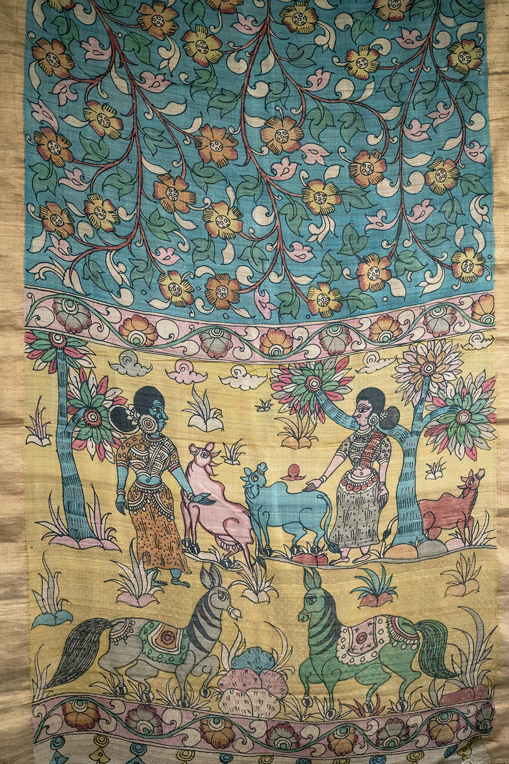 Floral & Leaves on Blue Kalamkari Gicha Tussar Silk Saree - Image 2