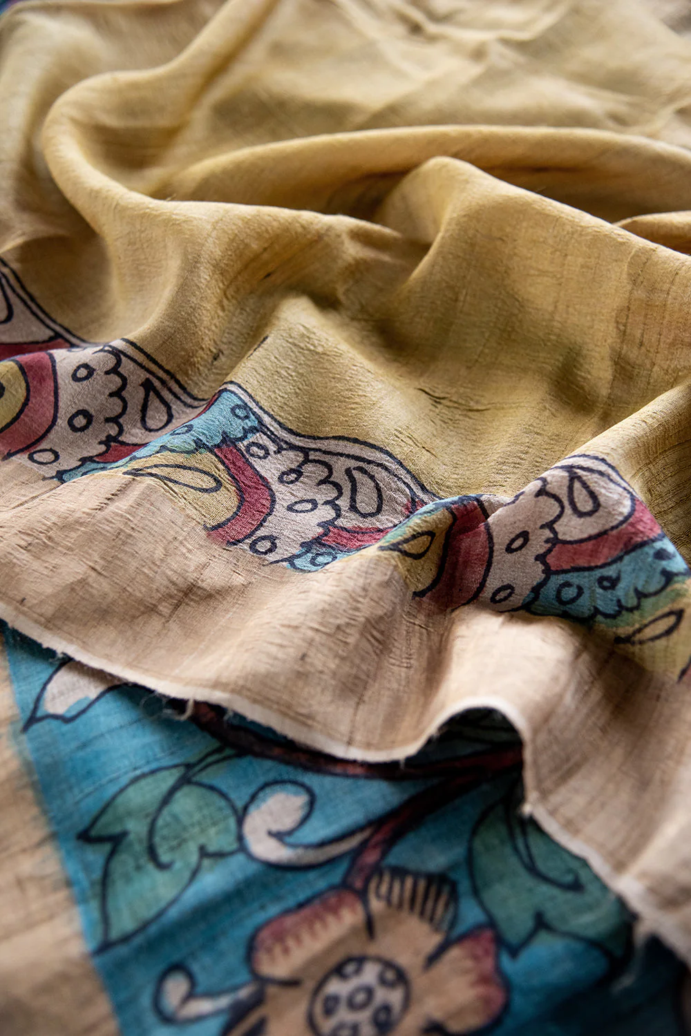 Floral & Leaves on Blue Kalamkari Gicha Tussar Silk Saree - Image 3