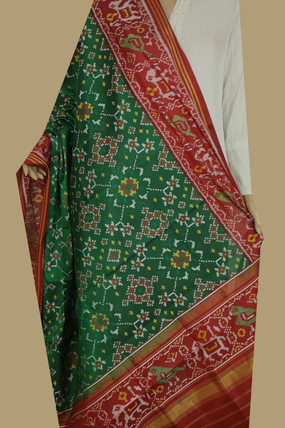 Forest Green with Red Patola Silk Ikat Dupatta