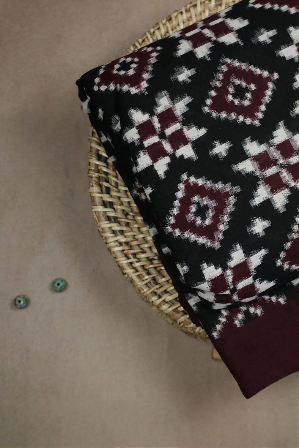 Maroon Motifs on Black Telia Rumal Ikat Fabric - Image 2