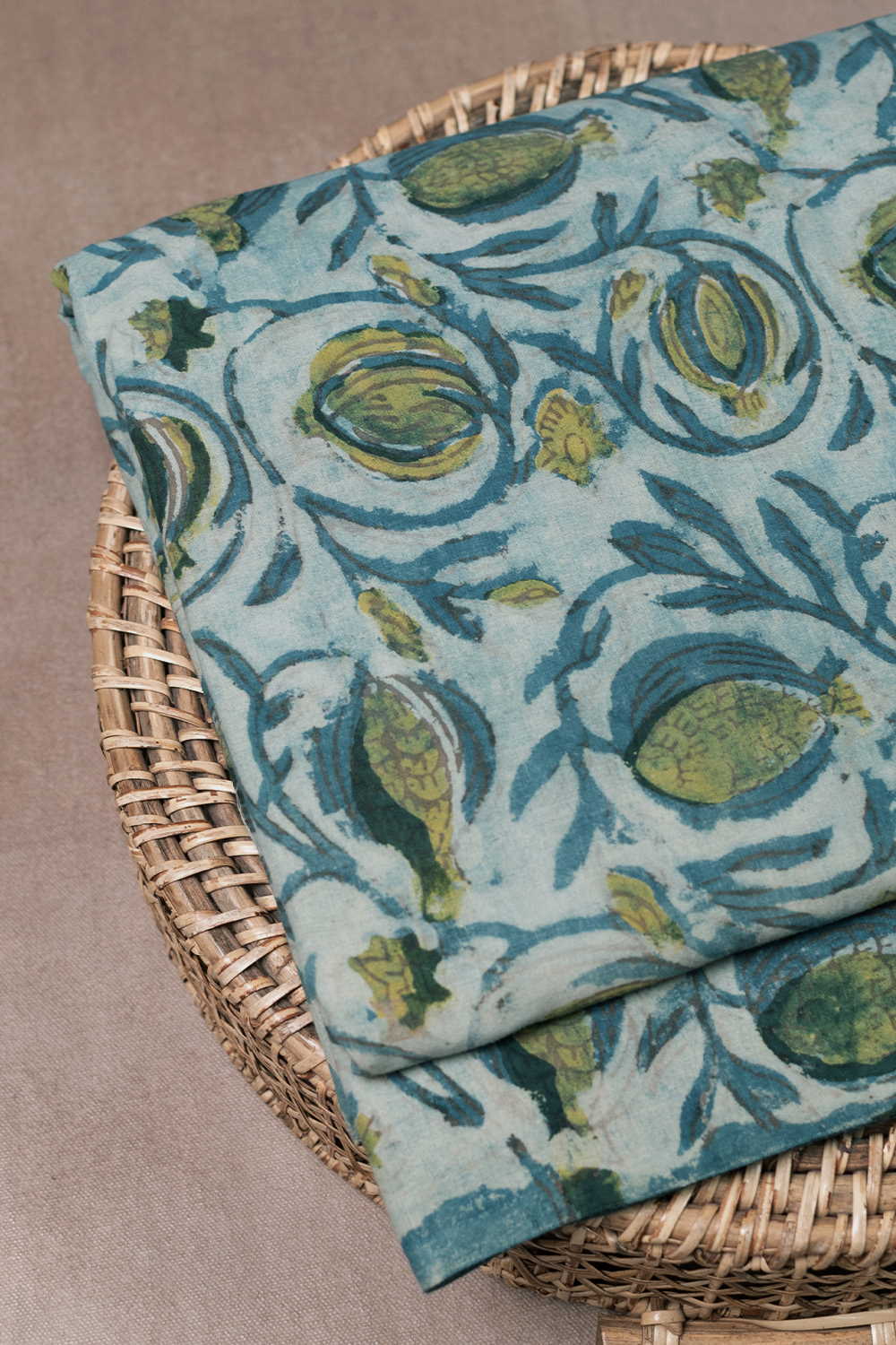 Light Blue with Floral Bagru Cotton Fabric - 0.65m