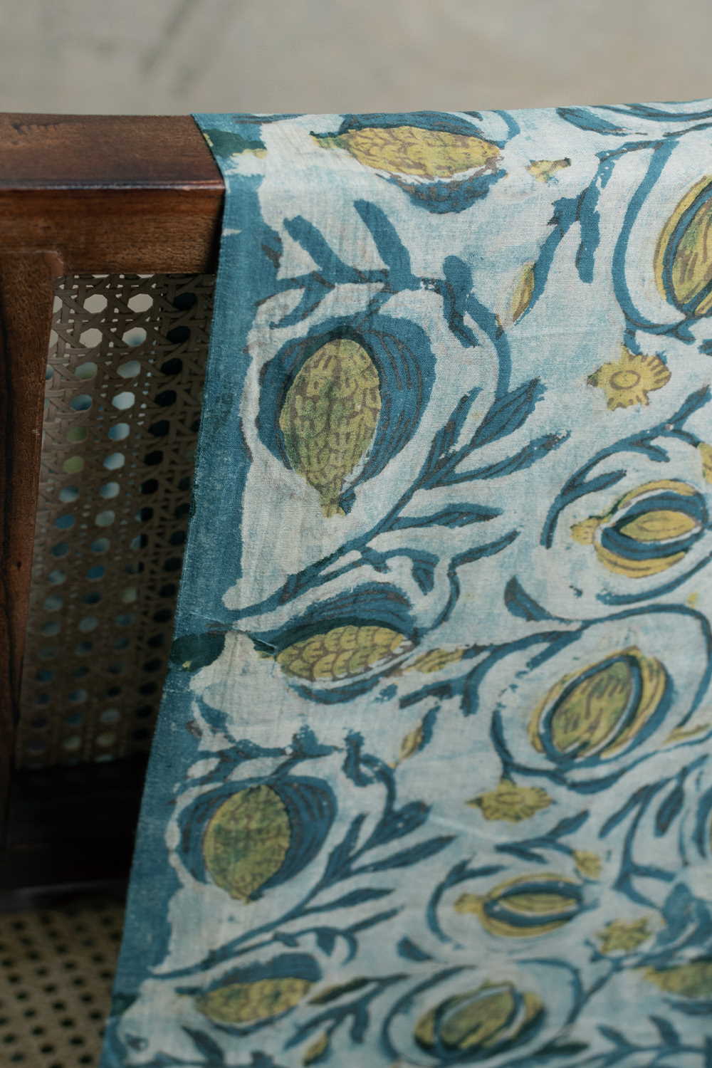 Light Blue with Floral Bagru Cotton Fabric - 0.65m - Image 2