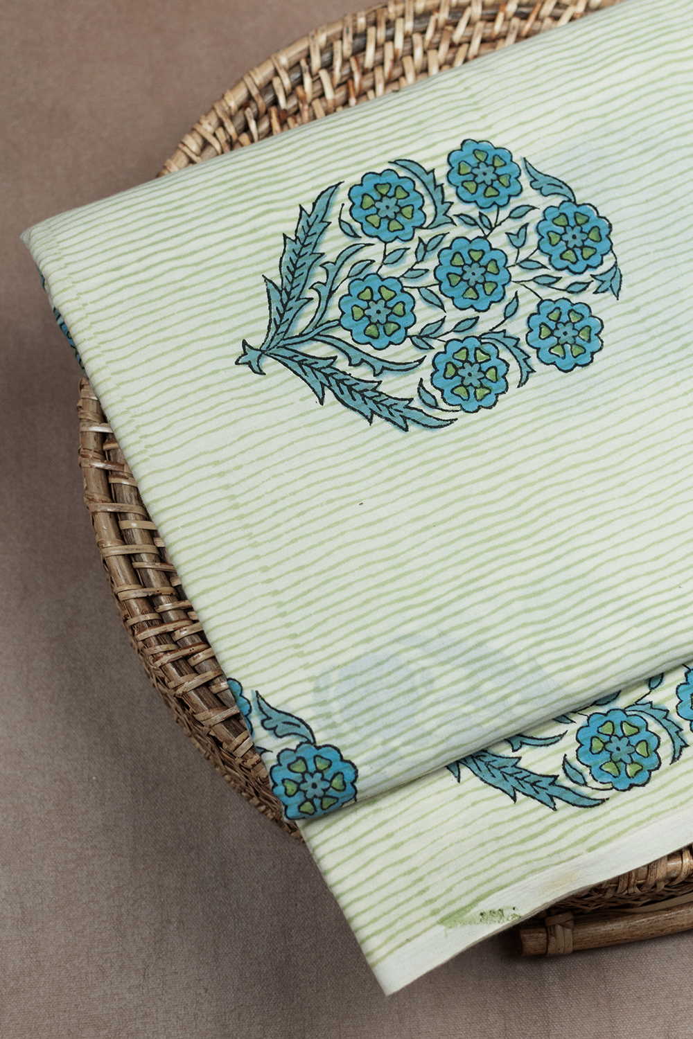 Green Stripped on Cream Sanganeri Cotton Fabric - 0.65m - Image 2