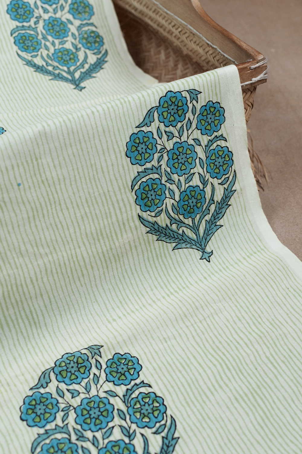 Green Stripped on Cream Sanganeri Cotton Fabric - 0.75m
