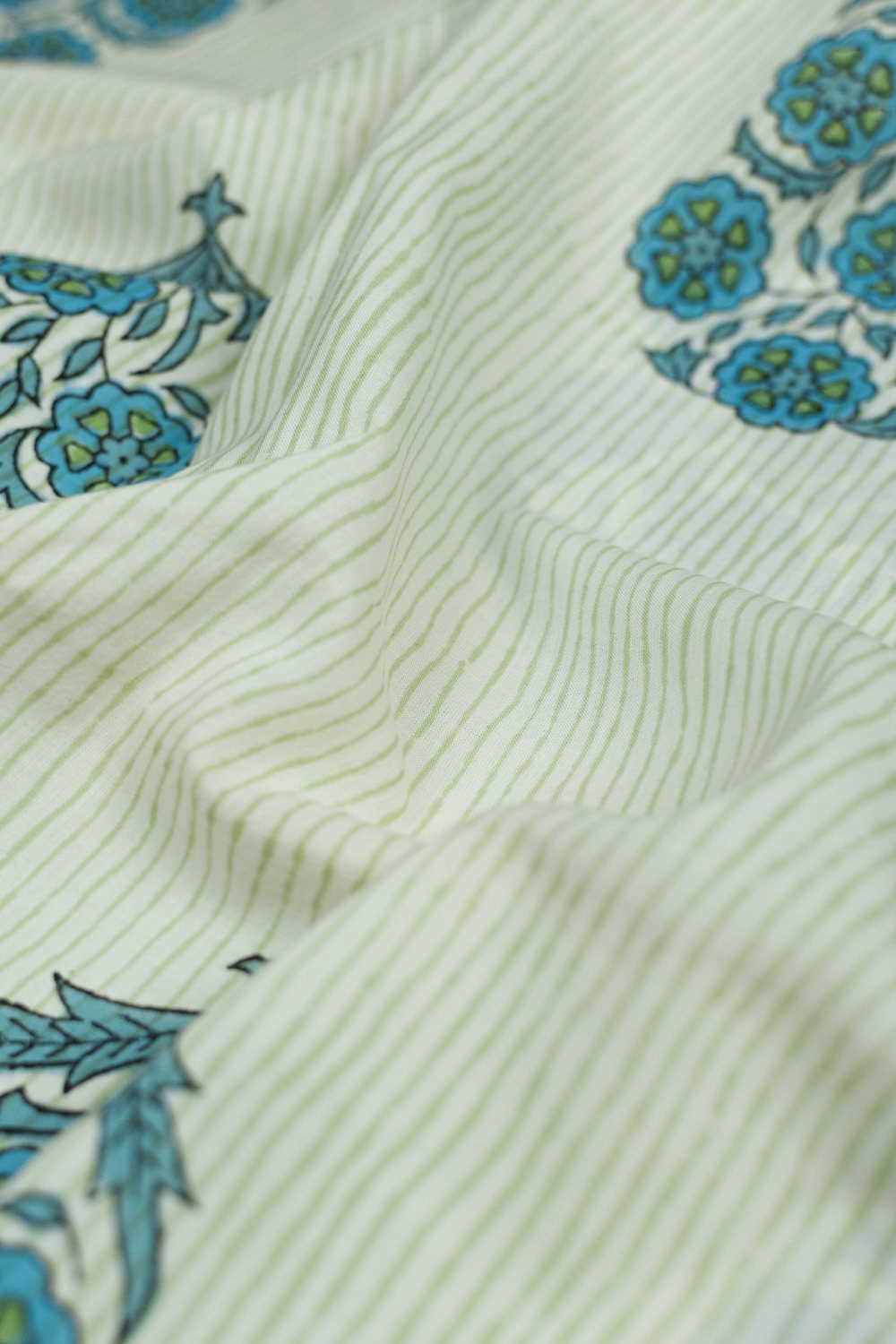 Green Stripped on Cream Sanganeri Cotton Fabric - 0.75m - Image 3