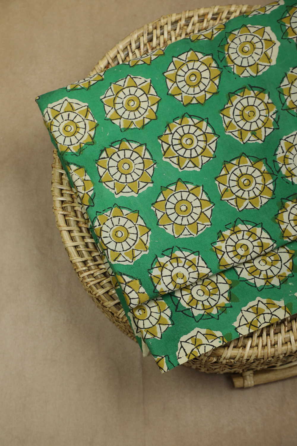 Rangoli Motifs on Green Bagru Cotton Fabric - 0.6m