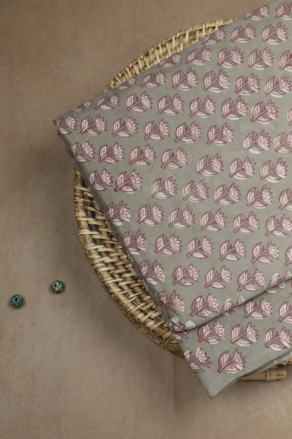 Grey with Florets Block Printed Cotton Fabric - 1m