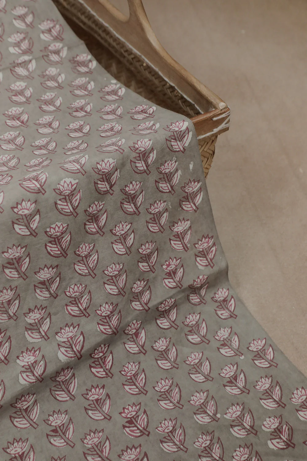 Grey with Florets Block Printed Cotton Fabric - 1m - Image 3