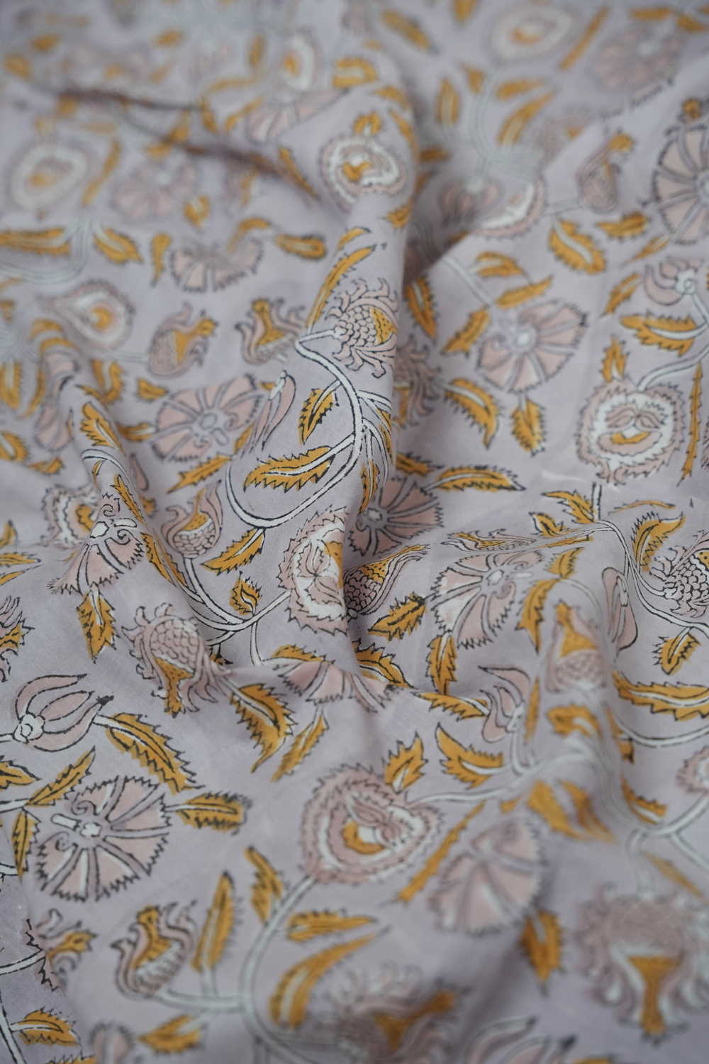 Mild Grey with Florals Sanganeri Cotton Fabric - 0.5m