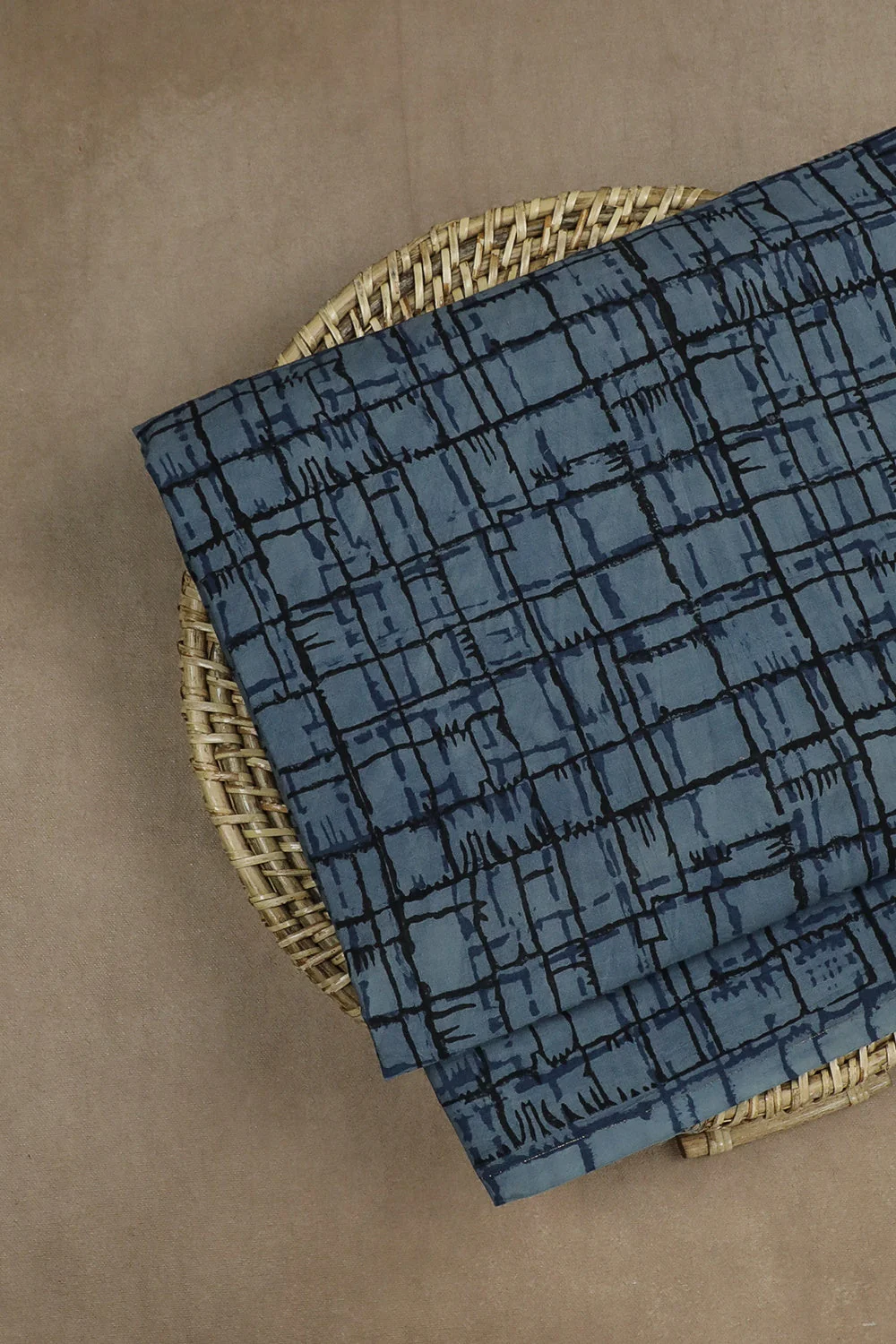 Light Blue with Checks Ajrak Cotton Fabric-1 m - Image 3