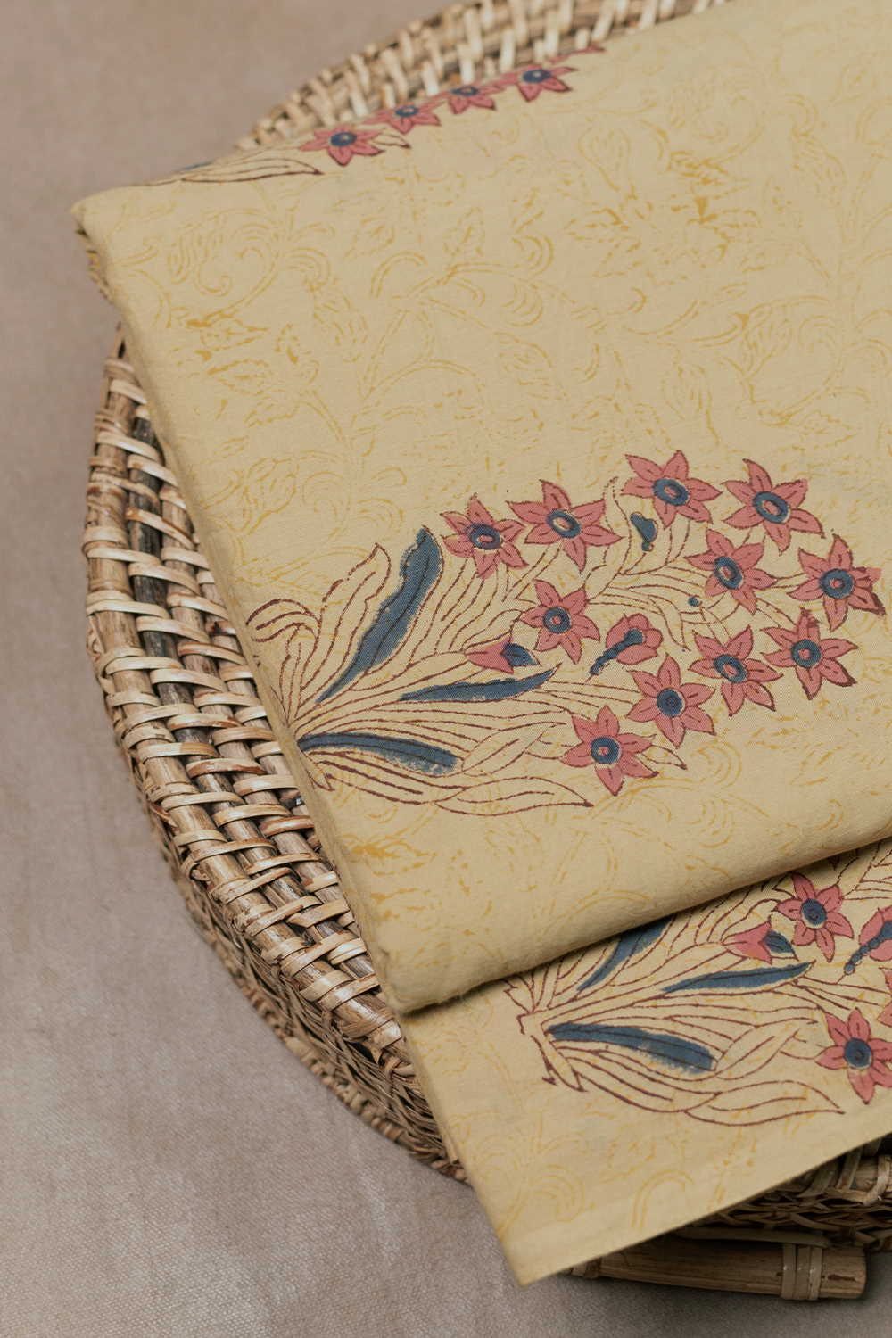 Big Butta on Beige Bagru Cotton Fabric-0.65m