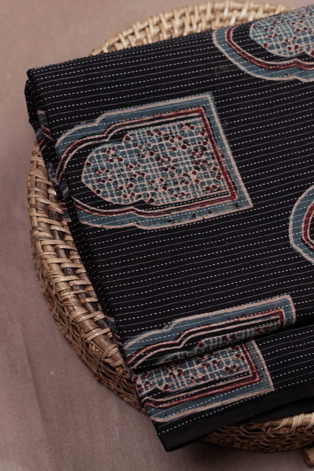 Black with Big Motifs Kantha Stitch Ajrak Cotton Fabric - 1.8m