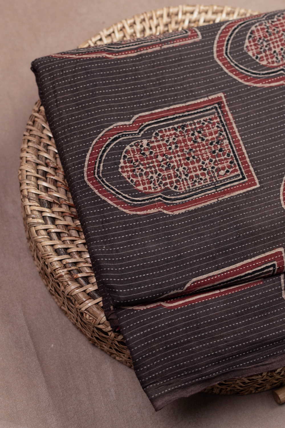 Muted Brown Kantha Stitch Ajrak Cotton Fabric - 0.8m