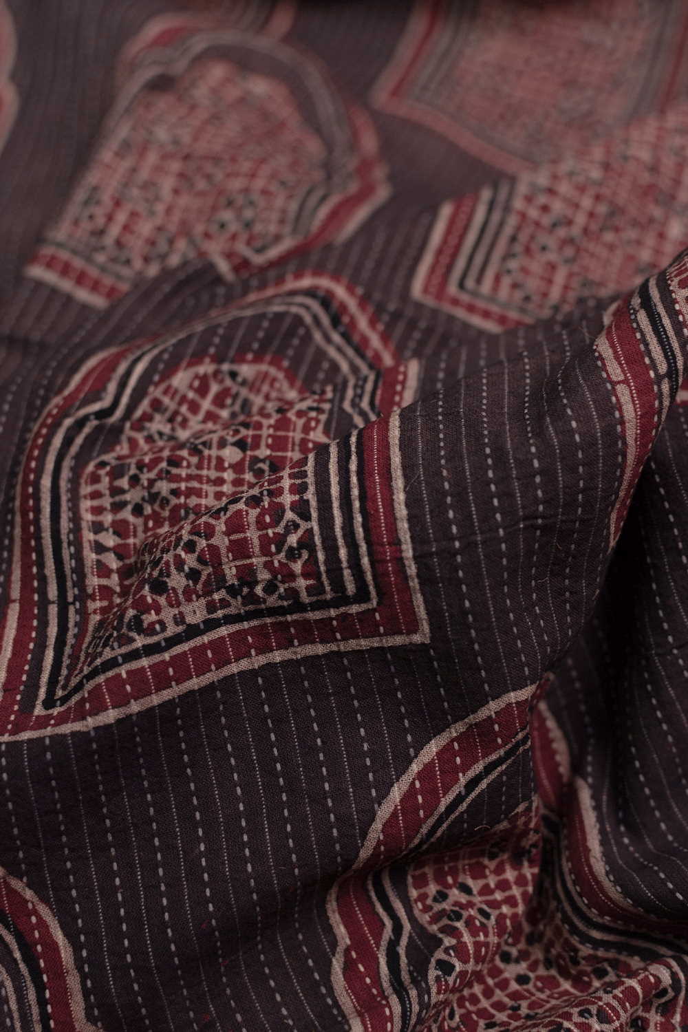 Muted Brown Kantha Stitch Ajrak Cotton Fabric - 0.8m - Image 2