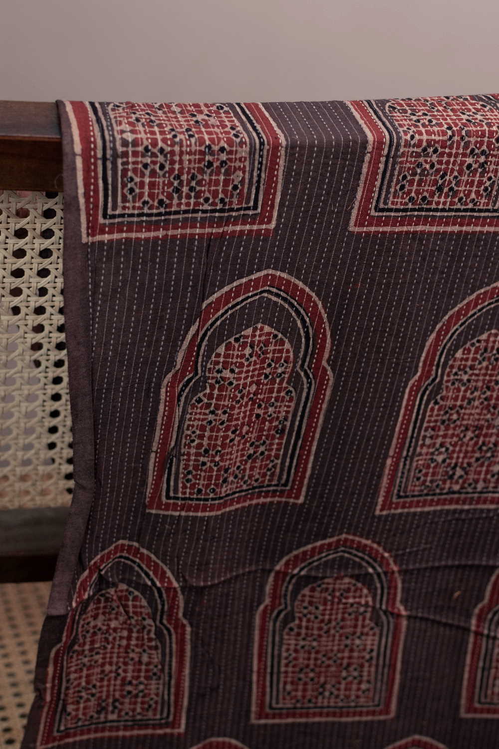 Muted Brown Kantha Stitch Ajrak Cotton Fabric - 0.8m - Image 3