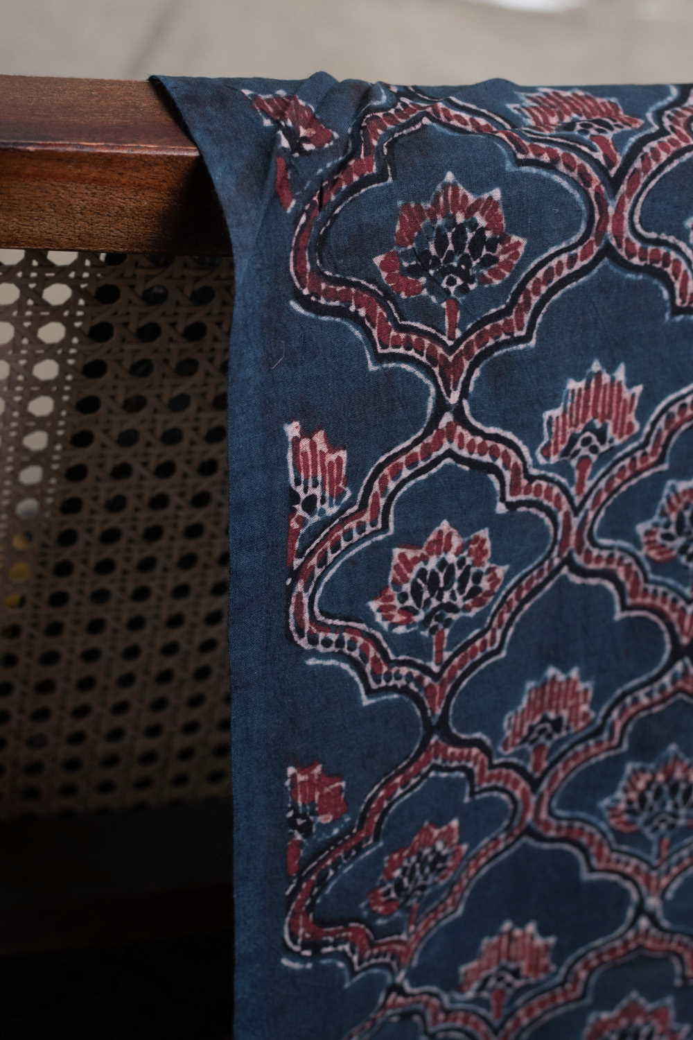 Maroon Pattern on Indigo Ajrak Cotton Fabric - 1.75m