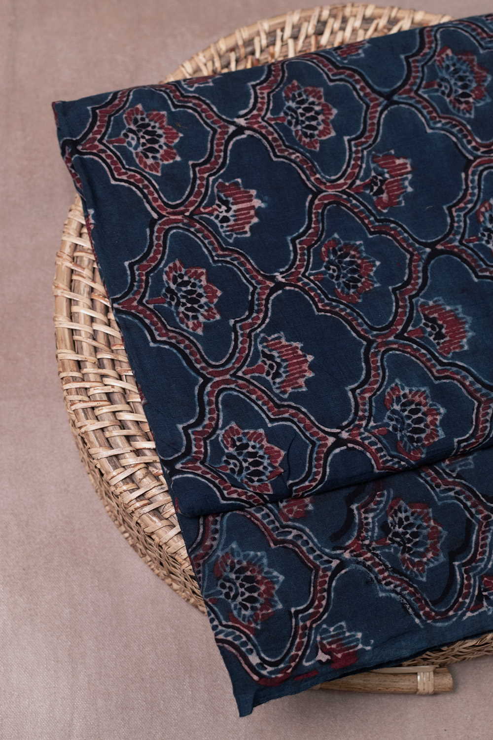 Maroon Pattern on Indigo Ajrak Cotton Fabric - 1.75m - Image 3