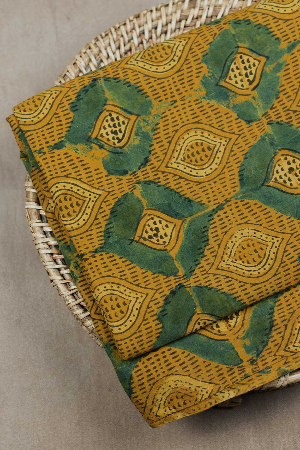 Dark Yellow with Green Ajrak Cotton Fabric - 1.3m