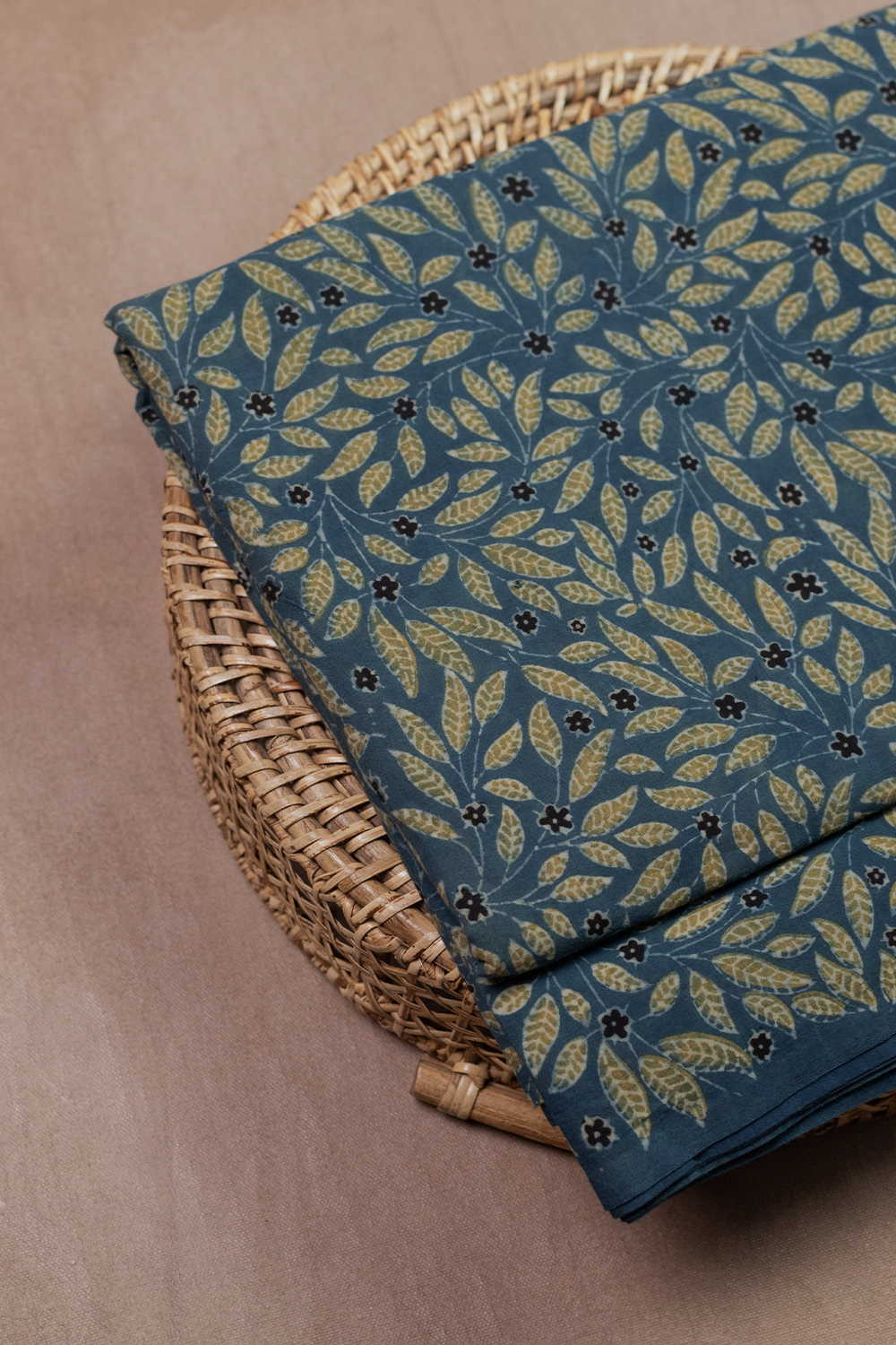 Green Leafy Floral - Indigo Ajrak Cotton Fabric - 0.8m