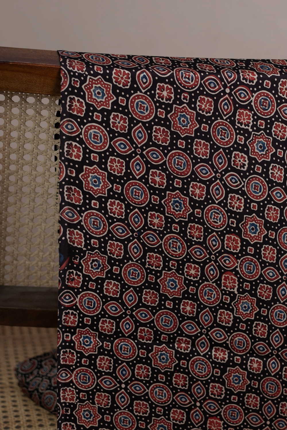 Black with Maroon Motifs Ajrak Modal Silk Fabric - 1m