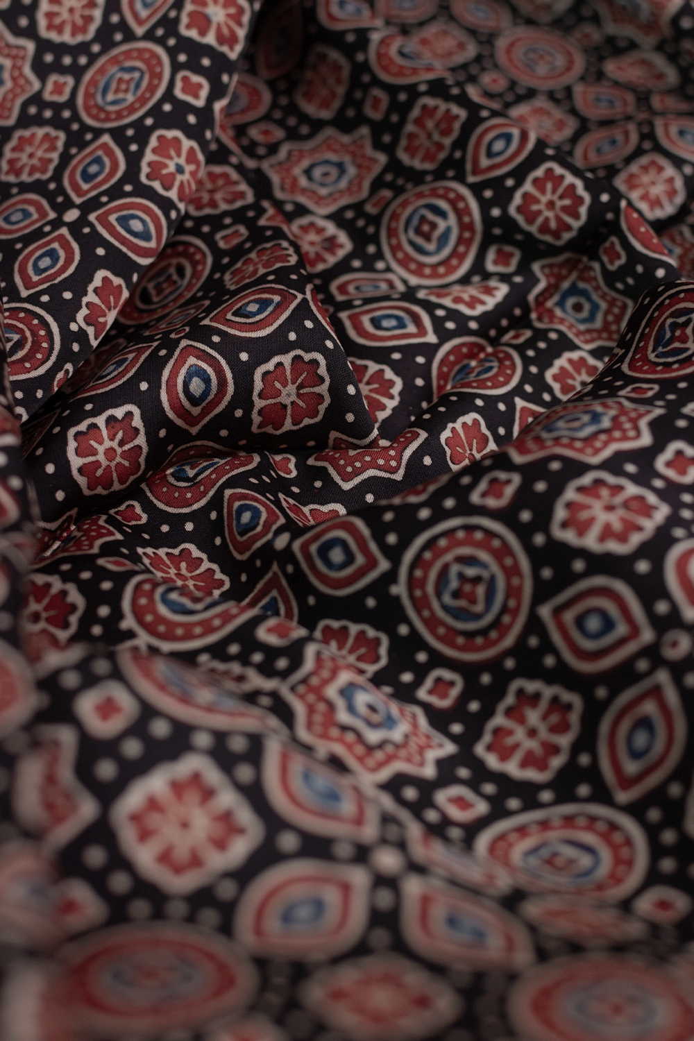 Black with Maroon Motifs Ajrak Modal Silk Fabric - 1m - Image 2