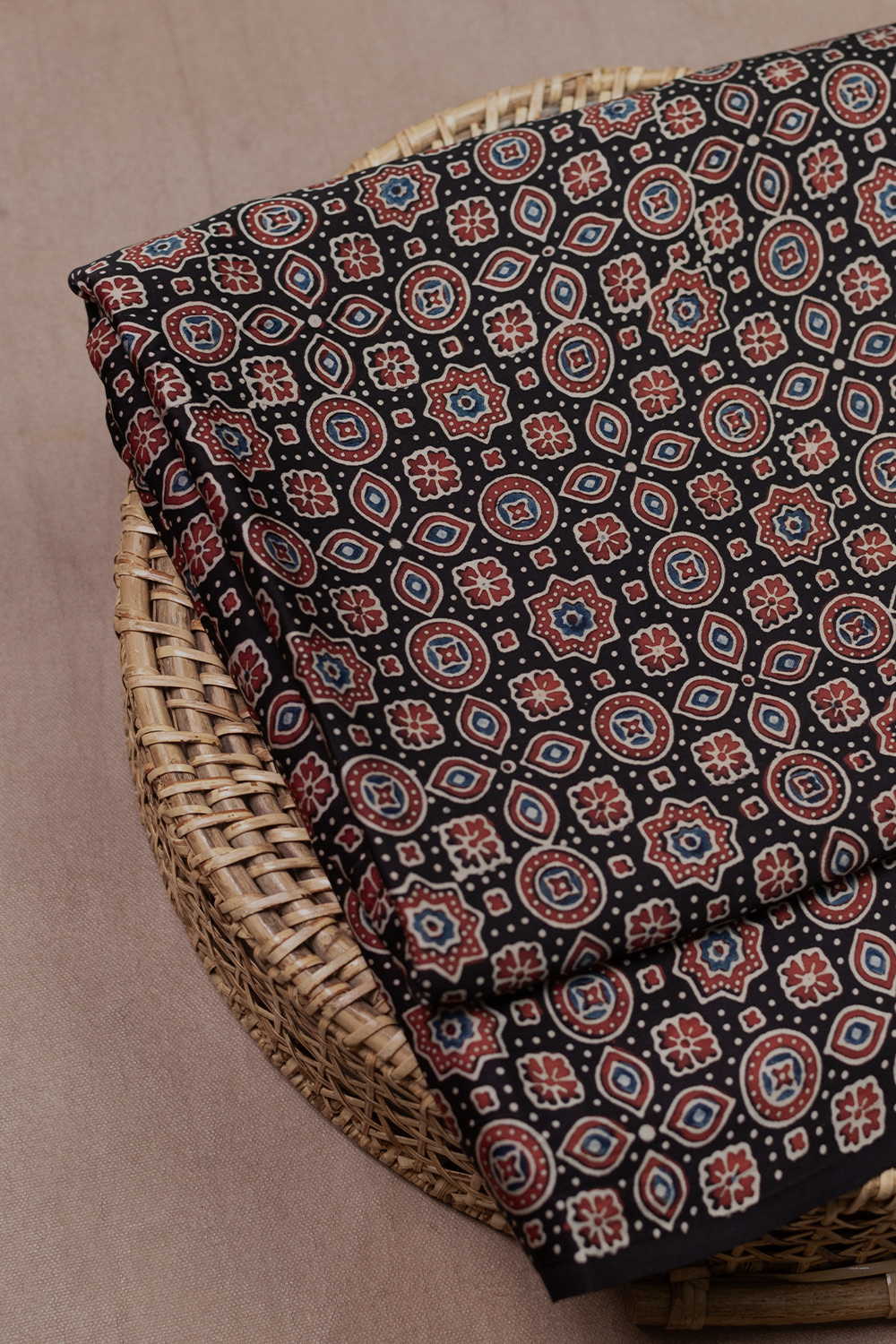 Black with Maroon Motifs Ajrak Modal Silk Fabric - 1m - Image 3