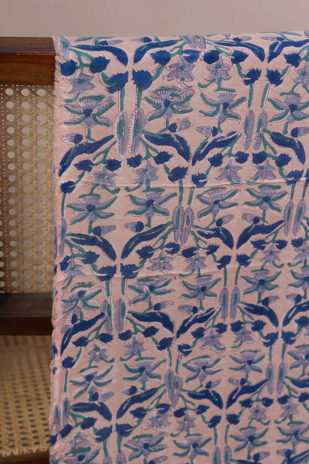 Blue Floral on Pink Mul Cotton Sanganeri Fabric - 0.7m