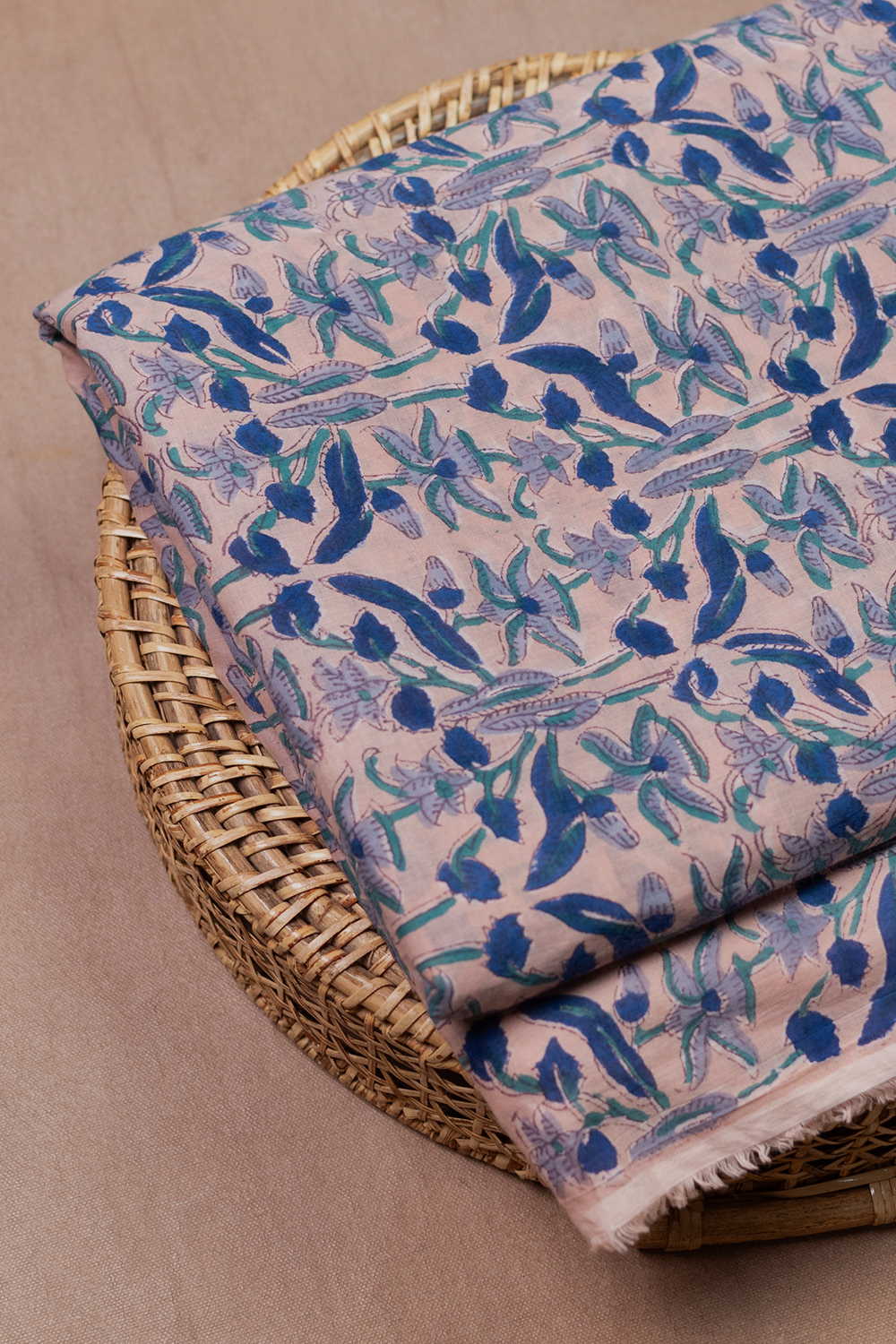 Blue Floral on Pink Mul Cotton Sanganeri Fabric - 0.7m - Image 3