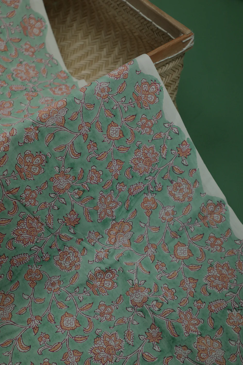 Orange Floral on Mint Green Sanganeri Cotton Fabric - 0.8m
